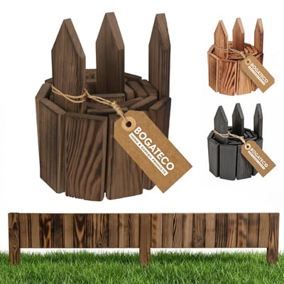 BOGATECO Houten Bedrand Oprolbare Rand met Houten Latten | 1 Oprolbaar Hek 10 cm Hoog en 112 cm Lang | Houten Hek | Staanders Hek Perfect als Bedrand of Padrand | Bruin