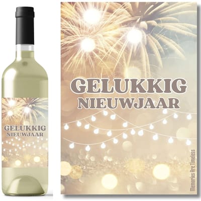 Wijnetiket Gelukkig Nieuwjaar | Goudkleurig | Feestelijk Cadeau | Vuurwerk