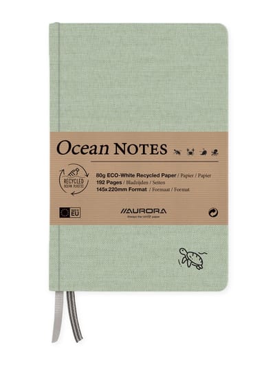 Aurora - MAXI PACK - 4 x Ocean Notes Notebook (Cover uit gerecycleerd zee-plastic): Formaat 145x220mm - Gelijnd - 192 Bladzijden - Gerecycleerd 80gr schrijfpapier - Kleur Groen