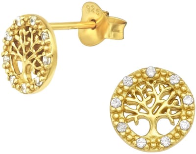 Joy|S - Zilveren ronde oorbellen - levensboom - 8 mm - zirkonia - gold plated