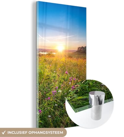 MuchoWow® Glasschilderij 20x40 cm - Schilderij acrylglas - Zon - Gras - Bloemen - Foto op glas - Schilderijen