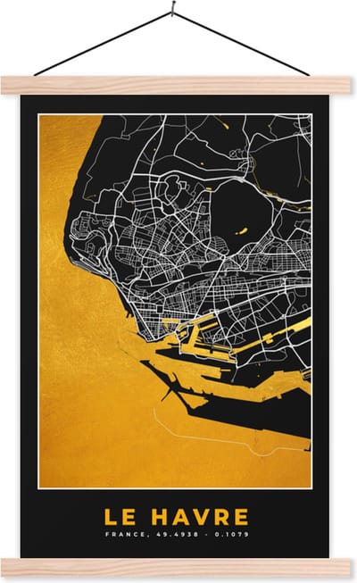 Posterhanger incl. Poster 40x60 cm - Schoolplaat - Stadskaart – Frankrijk – Kaart – Le Havre – Plattegrond - Textielposter - Blanke latten - Stadskaart