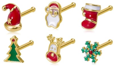 Dailygoods- Neusringen Set van 6 - Feestelijke Neusringen - Kerstthema - Roestvrij Staal - Duurzaam - Schattige Ontwerpen - Neuspiercing