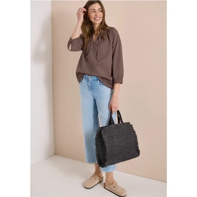Blouse met 3/4 mouwen en gespleten hals in effen kleur