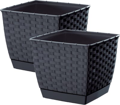 Prosperplast Plantenpot/bloempot - 2x - rotan kunststof - 14.5 x 14.5 cm - antraciet