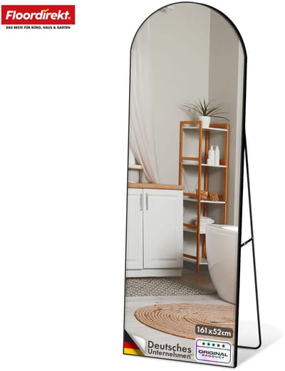FLOORDIREKT Lichaams-Spiegel Madison - Zwart 161 x 52 cm - Gebogen Aluminium Frame - Vrijstaand & Wandmontage - Voor Slaapkamer, Woonkamer & Garderobe