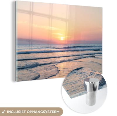 MuchoWow® Glasschilderij 120x80 cm - Schilderij acrylglas - Zee - Pastel - Zon - Foto op glas - Muurdecoratie woonkamer - Wanddecoratie slaapkamer - Schilderijen