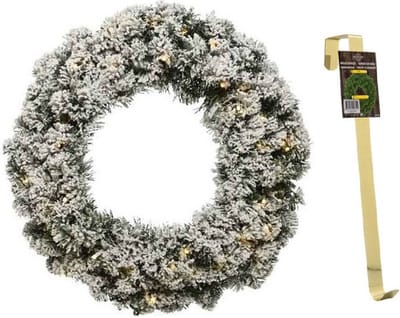 Groen/witte led kerstkrans 60 cm Imperial met kunstsneeuw en met gouden hanger - Kerstversiering/kerstdecoratie kransen