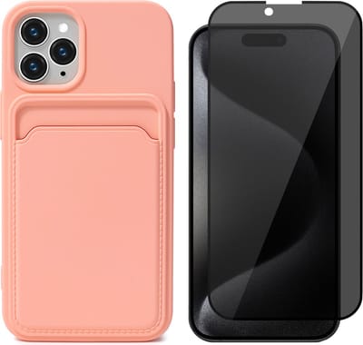Hoesje Pasjeshouder geschikt voor iPhone 15 Pro - Privacy Screenprotector FullGuard - Siliconen Case Back Cover Roze & Screen Protector