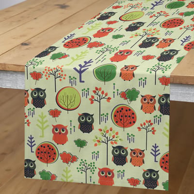 ABAKUHAUS Tafelloper – Uilen en Bomen, Pastelgroen/Multicolor, 40×180 cm