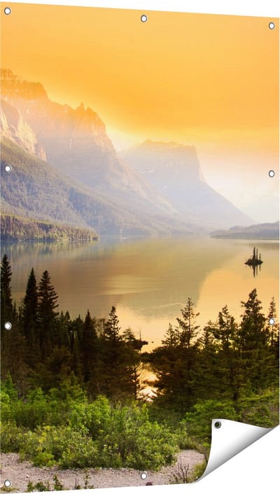 Gards Tuinposter Bergen met een Meer in Nationaal Park Glacier - 80x120 cm - Tuindoek - Tuindecoratie - Wanddecoratie buiten - Tuinschilderij