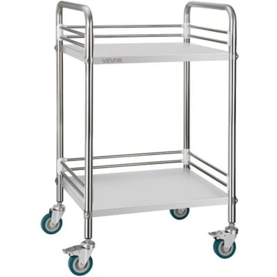 VEVOR Roestvrijstalen Trolley, 2-Laags Rolwagen voor Laboratorium en Keuken Met Vergrendelbare Wielen, Serveerwagen voor Medische Faciliteiten, Mobiel Serveerblad voor Ziekenhuizen, Restaurants en Keukens.