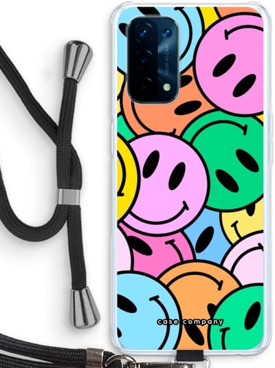 Case Company® - Hoesje met koord geschikt voor Oppo A74 5G hoesje met Koord - Smiley N°1 - Telefoonhoesje met Zwart Koord - Bescherming aan alle Kanten en Over de Schermrand