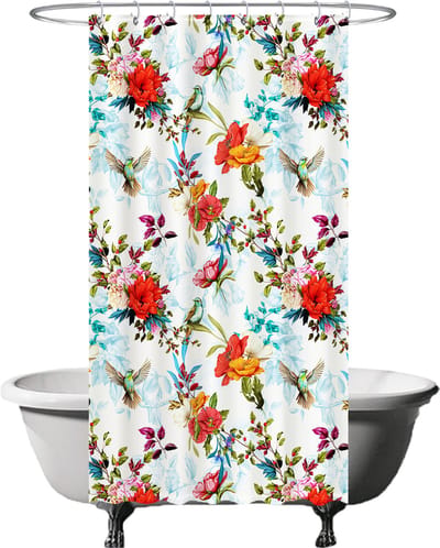 Ulticool Douchegordijn - Vogel Bloemen Natuur - 120 x 200 cm - met 8 ringen - Anti Schimmel - Waterdicht & Wasbaar - Semi Transparant - Decoratie Lente Zomer - Wit Rood Oranje Roze
