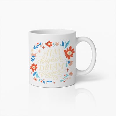 Streef Hoger Droom Groter Mok 330ml – Inspirerend Bloemenontwerp Koffiebeker – Perfect Motiverend Cadeau voor Vrouwen en Dromers