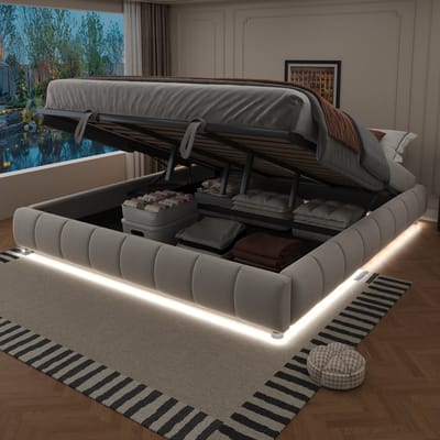 DESMIU Gestoffeerd Bed 180x200 cm – Hydraulisch Bed Met LED-Lichtstrook – Verborgen Opbergruimte Onder Het Bed – Voor Jeugdkamer – Flanel – Beige Zonder Matras