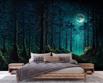 Vliesbehang - Fotobehang - Nacht - Bos - Maan - Bomen - Woud - Donker - 184x254 cm (Hoogte x Lengte)