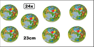 24x Bord Jungle fun 23cm - Karton - Dieren fun bordje verjaardag thema feest party olifant aap slang