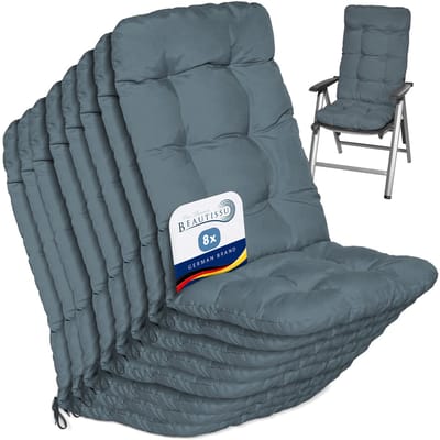 Beautissu Flair HL Stoelkussen Set 8x Hoge Rugleuning 120x50x8 cm Duifblauw – Tuinstoelkussen
