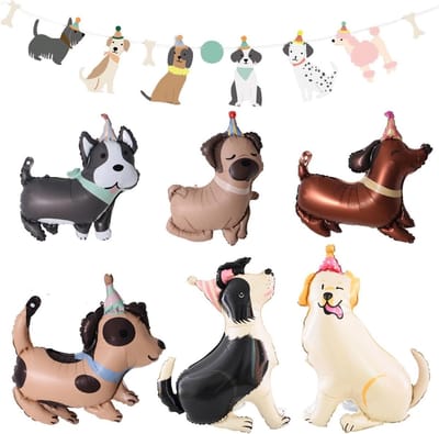 6 Stuks Hondenballonnen en 1 Vlag voor Trein, Leuke Cartoon Aluminium Folie Ballonnen, Verjaardagsfeest Decoratie, Feestversiering en Ballonaccessoires