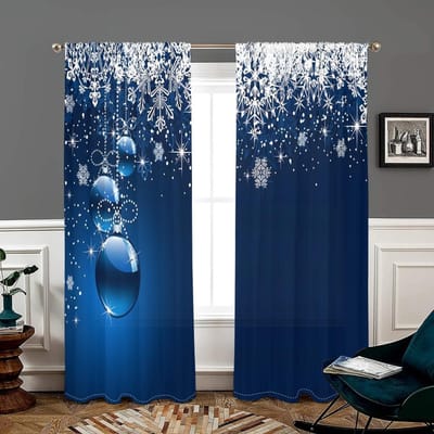 2 stuks, kerstbal sneeuwvlok feestgordijnen - 30% verduisterend - geschikt voor woonkamer, slaapkamer, keuken, huisdecoratie W150CM H166CM&Rod pocket blue
