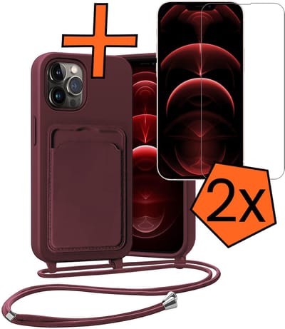 Hoesje Geschikt voor iPhone 13 Pro Hoesje Met Telefoonketting Pasjeshouder Case Met 2x Screenprotector Koord - Hoesje Geschikt voor iPhone 13 Pro Hoes Met Kaarthouder - Aubergine