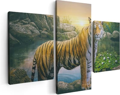 Artaza Canvas Schilderij Drieluik Luipaard In Een Vijver Bij Zonsondergang - 90x60 - Foto Op Canvas - Canvas Print