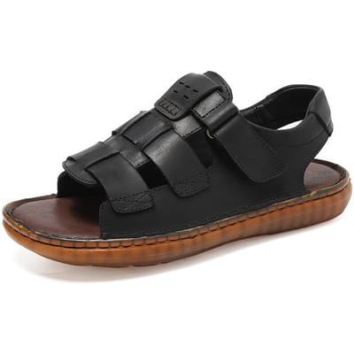 Zomer Koeienhuid Gesloten Teen Heren Casual Holle Leren Sandalen Heren Modieuze Leren Rijden Zachte Zool Antislip Strand Schoenen 46 black