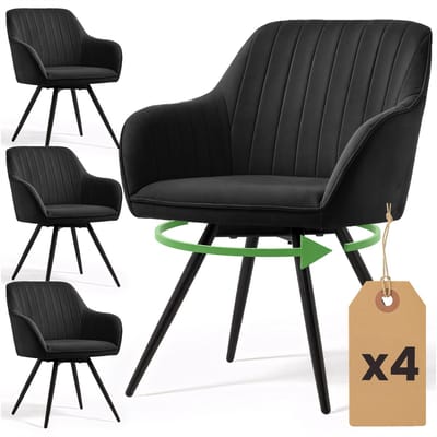 Set van 4 Draaistoelen TURNO met Armleuningen / Eetkamerstoelen / Gestoffeerde Stoelen / Fluwelen Stoelen en Metalen Poten / Zwart met zwarte benen