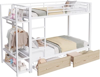 Wishdor Stapelbed 90 x 200 cm - LED-App-Bediening en 2 Lades - Meerdere Planken - Handige Geïntegreerde Droogstang - Multifunctioneel - Geschikt voor Kinder- en Tienerkamer - Fris Wit Frame - Metaal en MDF - Wit