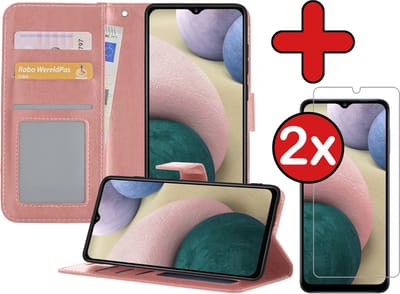Hoesje - Met 2x Screenprotector - Geschikt voor Samsung Galaxy A12 - Luxe Pasjeshouder - Flip Case - Bookcase Portemonee - Kunstleer Book Case - Flipcase Hoes - Book Cover - Walletcase - Portemonneehoes - Telefoonhoes - Rosé goud
