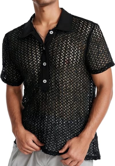 Transparante Mannelijke Mesh T-shirt voor Disco en Zomer met Zakjes en Lingerie Stijl