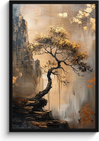 Poster in lijst - Fotolijst 60x90 cm - Posters - Boom - Goud - Landschap - Verf - Posterlijst zwart - Decoratie - Wanddecoratie woonkamer - Muurdecoratie slaapkamer