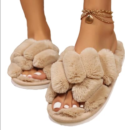 Warme Pluizige Slippers met Kruisband voor Dames – Open Tenen Winter Huisslippers – Zachte Comfortabele Katoenen Slides met Platte Zool voor Binnen – Maat 40