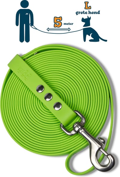 Miqdi lange lijn – BioThane® - lichtgroen – 5meter lang – 19mm breed – L/XL - grote hond – lange hondenriem