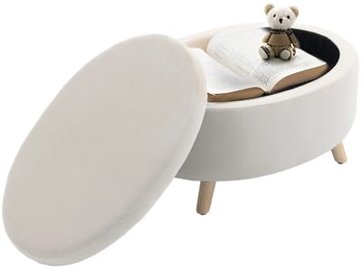 Solayne Poef - Poef met opbergruimte - Opbergpoef - Ovaal - 3 in 1 opbergbank - Multifunctioneel - Fluweel & Hout - Beige