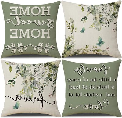 Set van 4 Stuks 45x45cm Linnen Kussenhoezen, Moderne Decoratieve Kussens met Botanische Bloemen en Vlinders voor Woonkamer en Slaapkamer, Onzichtbare Rits, Groen