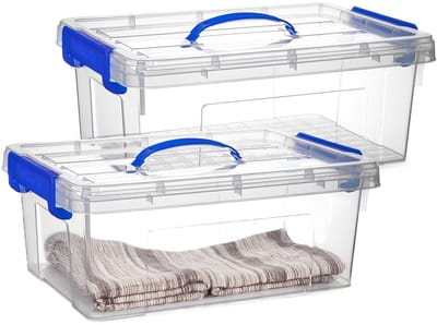 Plasticforte Opslagbox - 2x - met deksel - transparant blauw - 12.5 liter - 40 x 30 x 16 cm - kunststof - opbergdoos - opbergen