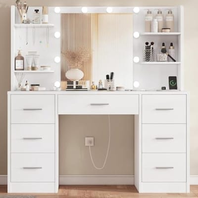 Moderne kaptafel met verlichting en stopcontacten - Ruime opbergkast met lades en planken