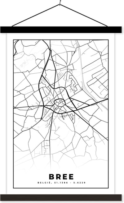 Posterhanger incl. Poster 40x60 cm - Schoolplaat - Stadskaart – Plattegrond – België – Zwart Wit – Bree – Kaart - Textielposter - Zwarte latten - Stadskaart