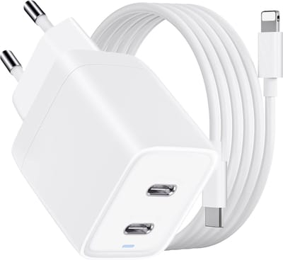 Snellader geschikt voor iPhone / iPad - Lightning naar usb-C Kabel 2 Meter Lang - 45w - 2 Poorten - GaN - PPS Fast Charging - Wit