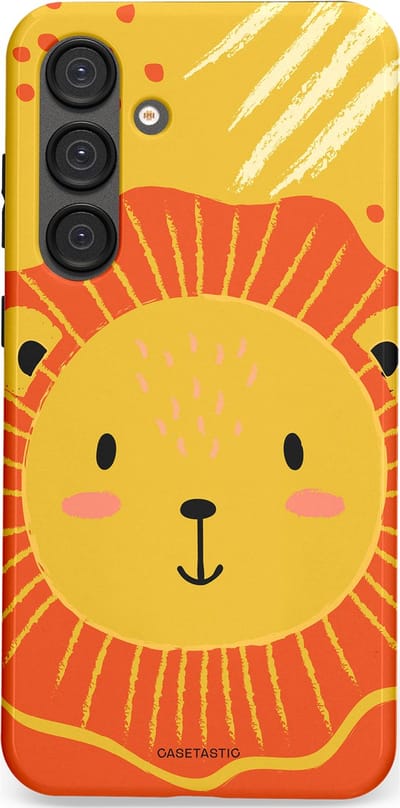 Casetastic hoesje geschikt voor Samsung Galaxy S25 Plus - Dubbellaagse bescherming - Vrolijke leeuw - Fashion Case - Goud Rood Oranje