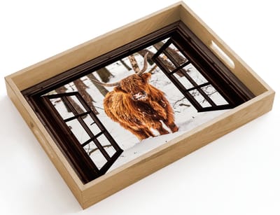 Dienblad hout 40x30 cm - Schootdienblad - Schotse Hooglander - Sneeuw - Natuur - Dieren - Doorkijk - Winter - Borrelplank rechthoek - Plateau dienbladen