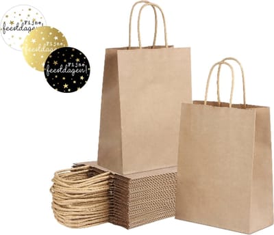 25 kleine papieren cadeautasjes 18x8x22 cm bruin + stickers 4cm«Fijne feestdagen » Kersttassen met handvat Kersttasje Kerst verpakking draagtassen