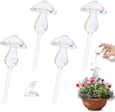 Planten Watergeef Apparaten, Iriserende Paddenstoelen, Zelfwaterende Planten Spieën met Stoppers en Trechters, 4 Stuks