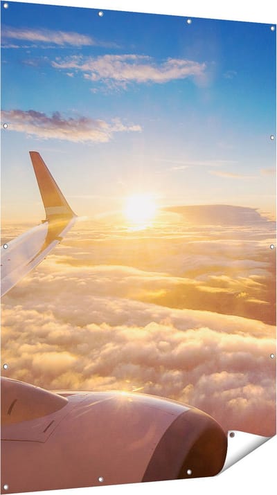 Gards Tuinposter Vliegtuig in de Lucht met de Zon - 120x180 cm - Tuindoek - Tuindecoratie - Wanddecoratie buiten - Tuinschilderij