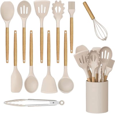 MODFU Siliconen Keukengerei Set – 12-delig met Houten Handgrepen – Praktisch en Veelzijdig – Comfortabel Koken – Geschikt voor Dagelijks Gebruik – Khaki