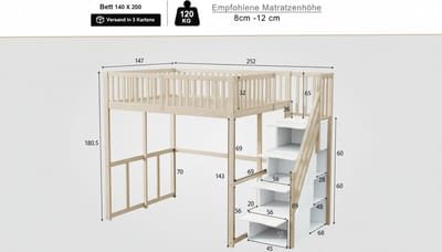 Hoogslaper 140x200 cm Casa Velluto – Kinder- en Jongerenbed van Massief Grenenhout met Veiligheidsladder, Veiligheidsomranding, Opbergruimte Onder Bed, Originele Houtkleur, Zonder Matras