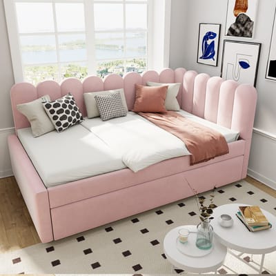 REDOM Luxe L-Vormige Slaapbank (140x200) - Roze Fluweel Dagbed met Bloemrugleuning & Uitschuifbaar Logeerbed - Twijfelaar