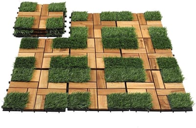 Fiqops Houten tegels, 30 x 30 cm, acaciahout, vloertegels, 66 stuks, 6 m², terrasvloer buiten, kliktegels, terras, mozaïek voor tuin, patio, balkon, vloerbedekking (gras)
